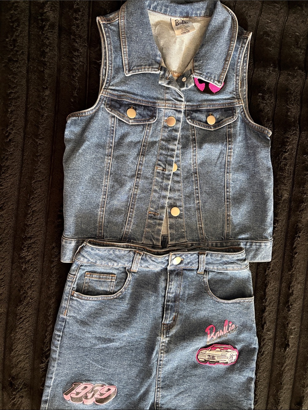 Girls Barbie Blue Denim Vest and Skirt Set with Pink Patches